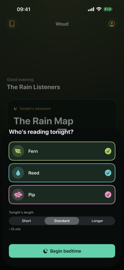 The Tonight screen, choosing who is reading and how long the night runs