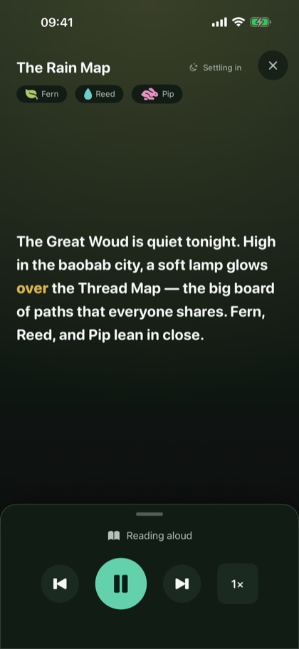 An episode in progress with the read-along text highlighted as it is told